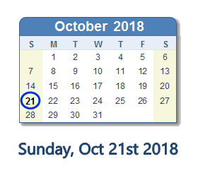 October 21, 2018 calendar