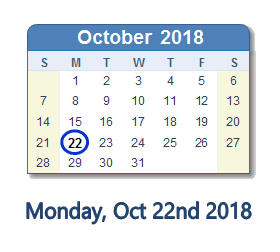 October 22, 2018 calendar