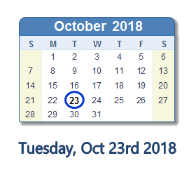 October 23, 2018 calendar