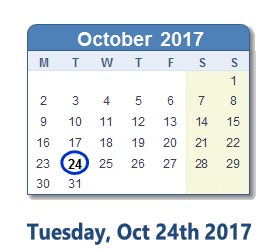 October 24, 2017 calendar