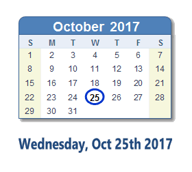 October 25, 2017 calendar