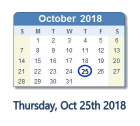 October 25, 2018 calendar