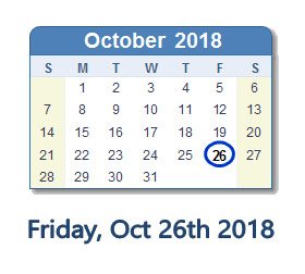 October 26, 2018 calendar