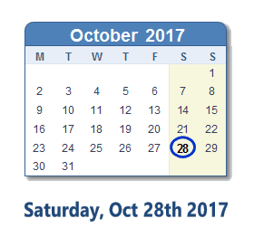 October 28, 2017 calendar