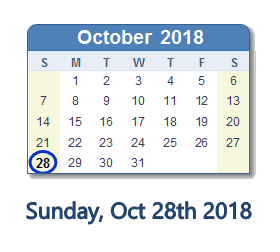 October 28, 2018 calendar