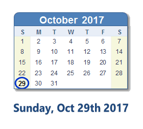 October 29, 2017 calendar