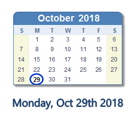 October 29, 2018 calendar