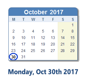 October 30, 2017 calendar