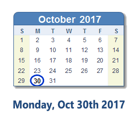 October 30, 2017 calendar