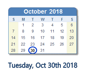 October 30, 2018 calendar
