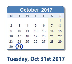 October 31, 2017 calendar