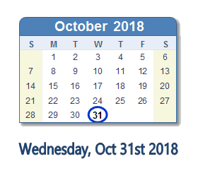 October 31, 2018 calendar