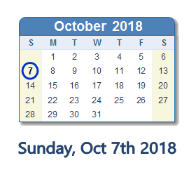 October 7, 2018 calendar
