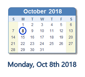 October 8, 2018 calendar
