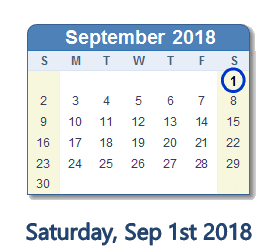 September 1, 2018 calendar