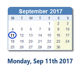 September 11, 2017 calendar