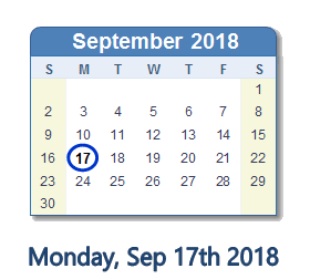 September 17, 2018 calendar