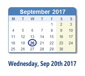 September 20, 2017 calendar