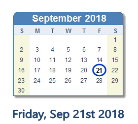 September 21, 2018 calendar