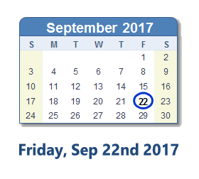 September 22, 2017 calendar