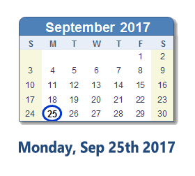 September 25, 2017 calendar