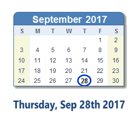 September 28, 2017 calendar