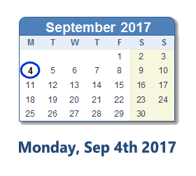 September 4, 2017 calendar