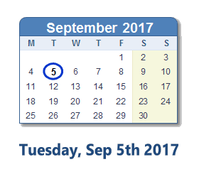 September 5, 2017 calendar