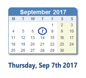 September 7, 2017 calendar