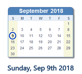 September 9, 2018 calendar