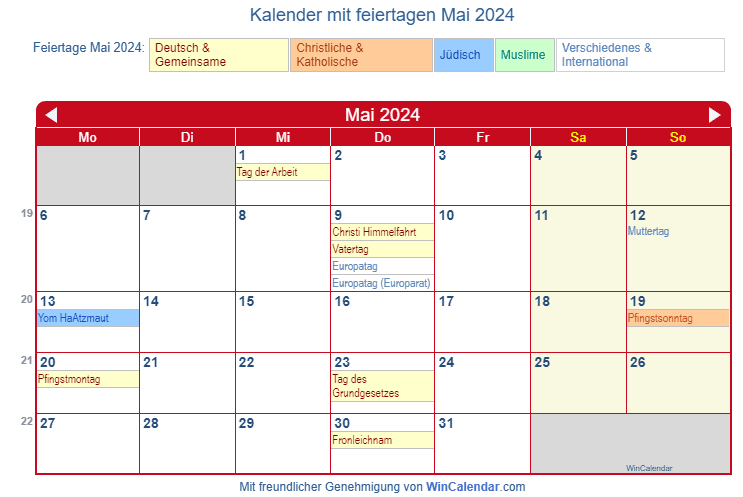 Deutschland Kalender zum Drucken - Mai 2024