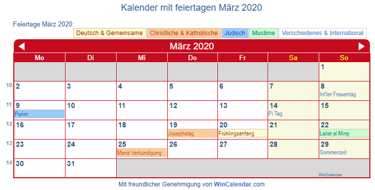 Deutschland Kalender zum Drucken - März 2020