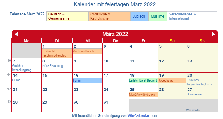 Deutschland Kalender zum Drucken März 2022