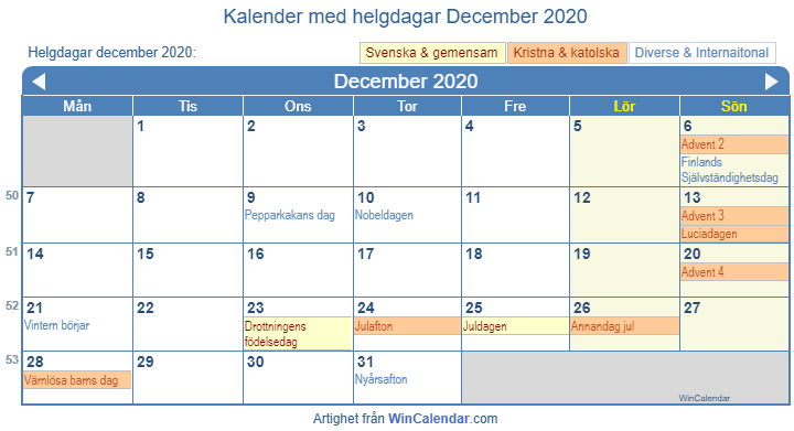 Kalender för utskrift - december 2020