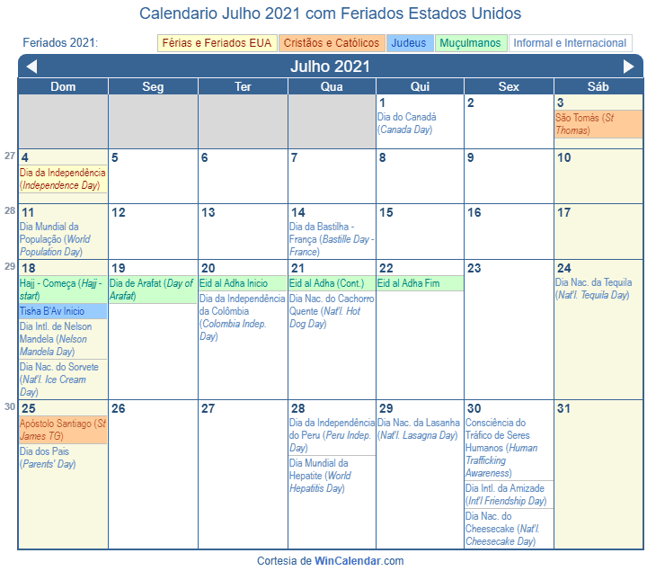 Calendário De Julho De 2021 Para Impressão Estados Unidos